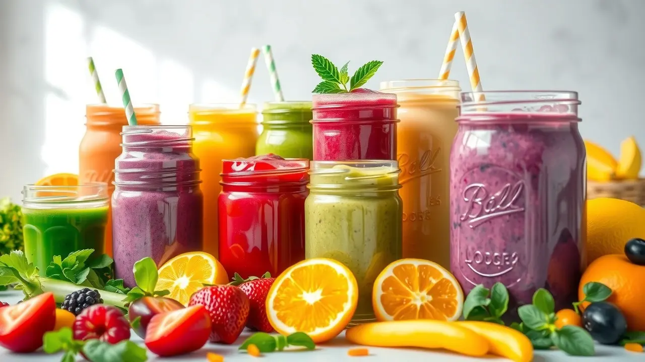 Colorful smoothies in mason jars with fresh ingredients