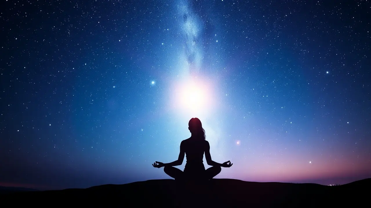 The Starseed Signal Review: Is This Audio Program Your Cosmic Key? Woman meditating under starry sky connecting with cosmic energy, promoting Starseed awakening