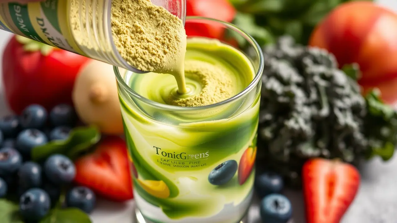 TonicGreens Review: Does This Superfood Powder Really Work? TonicGreens Superfood Powder being mixed with water