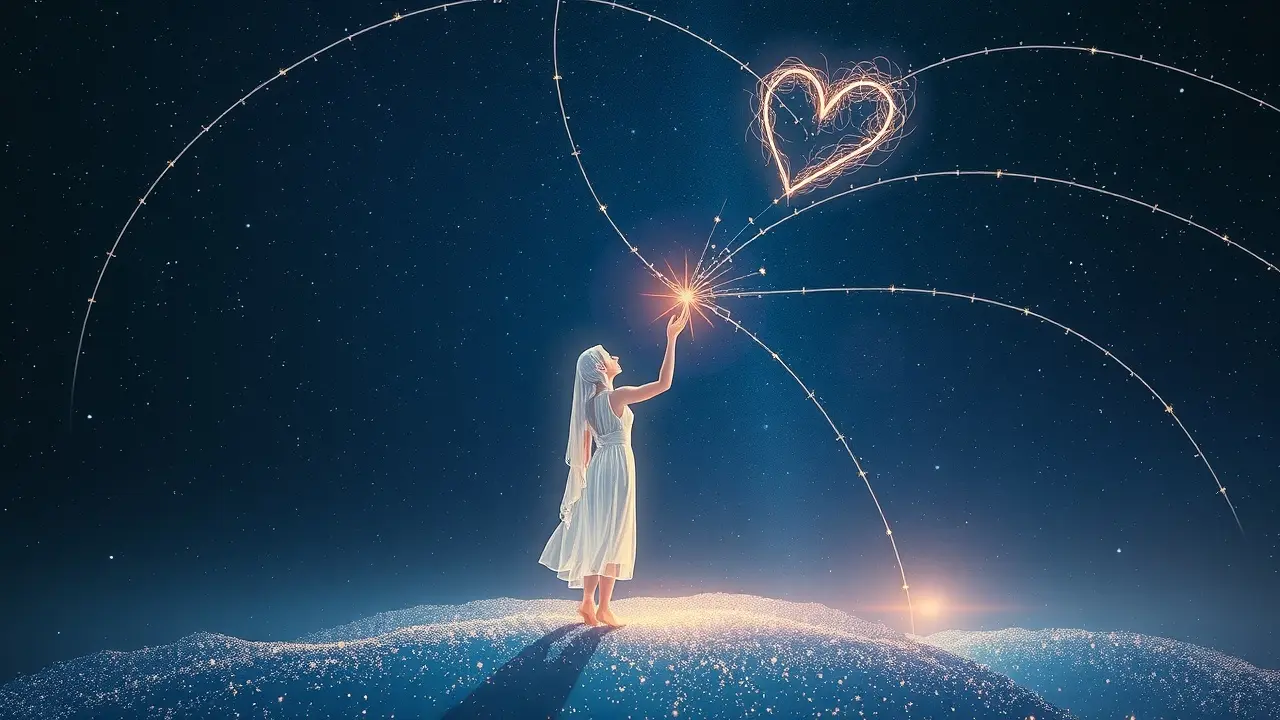 Unlocking Your Potential: A Review of the True Self Personality Reading Glowing figure reaching for heart-shaped star constellation representing self-discovery