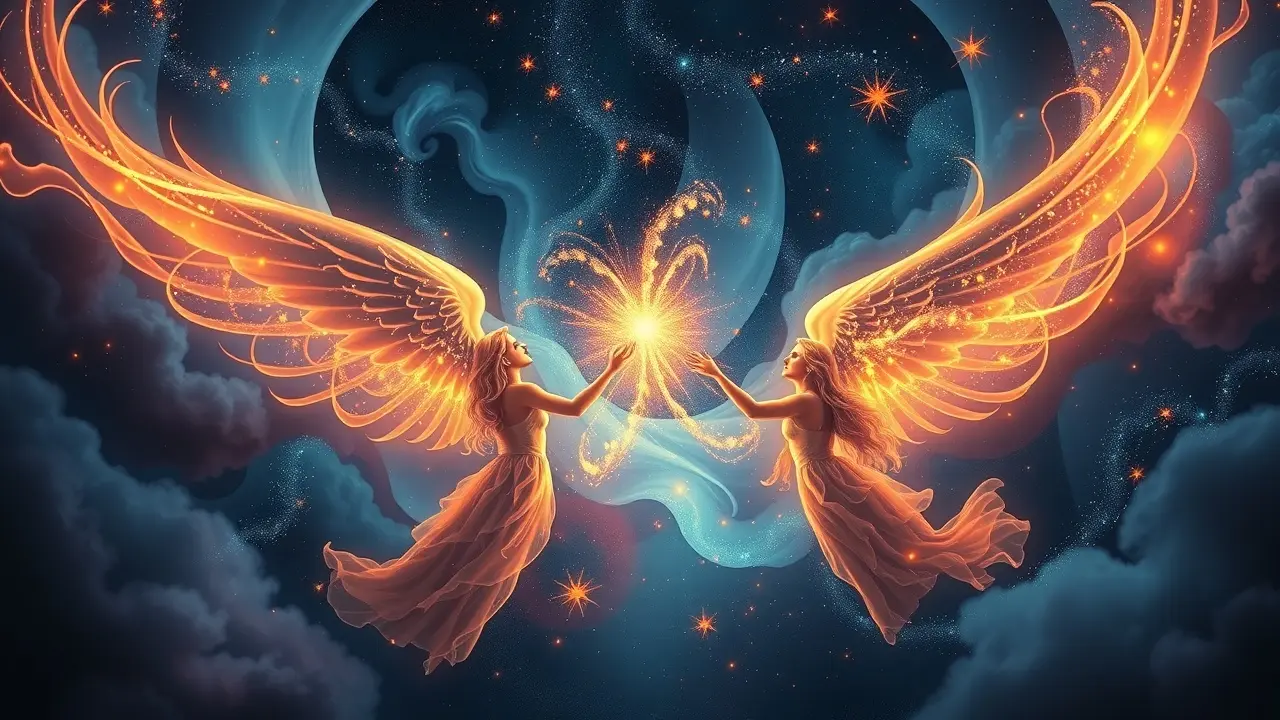 Twin Flame Tarot: Unveiling Your Soulmate Connection Mystical image of twin flames connecting in a celestial setting