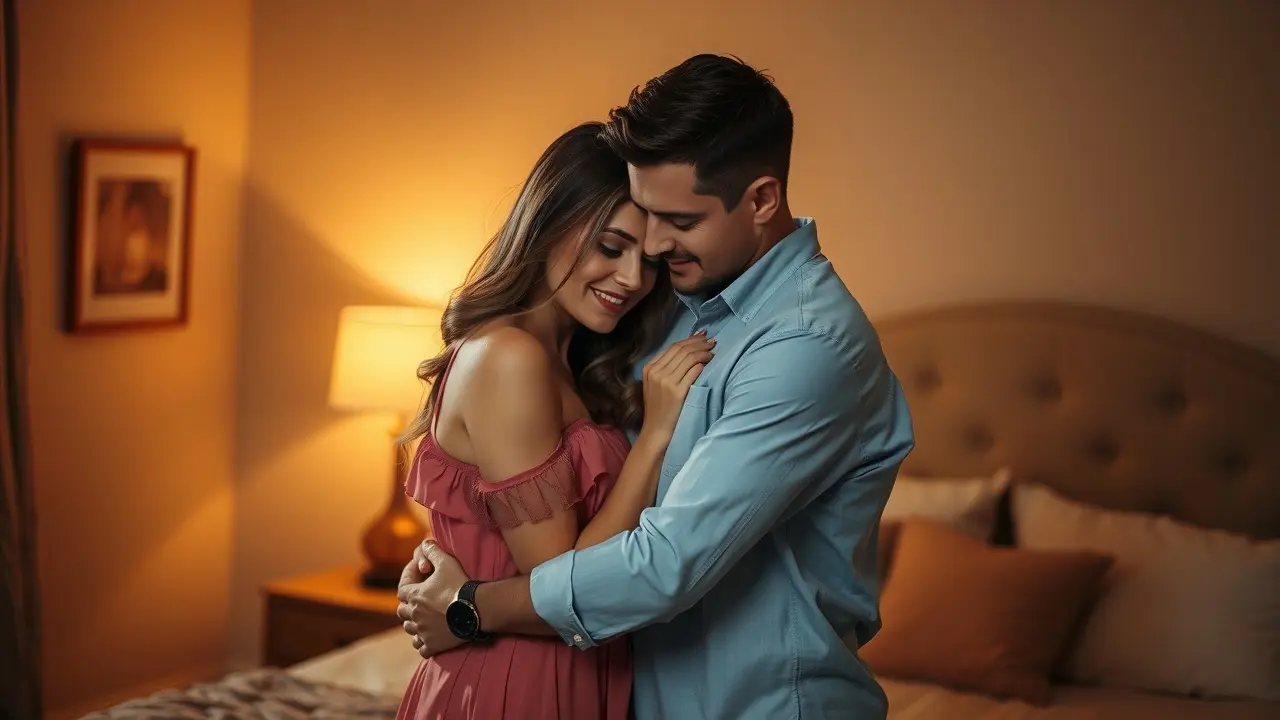 Romantic couple embracing in soft light