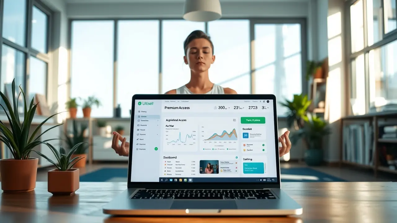 Ultiself Premium Access Review: Is It Worth the Investment? Person meditating with Ultiself Premium Access dashboard in the background