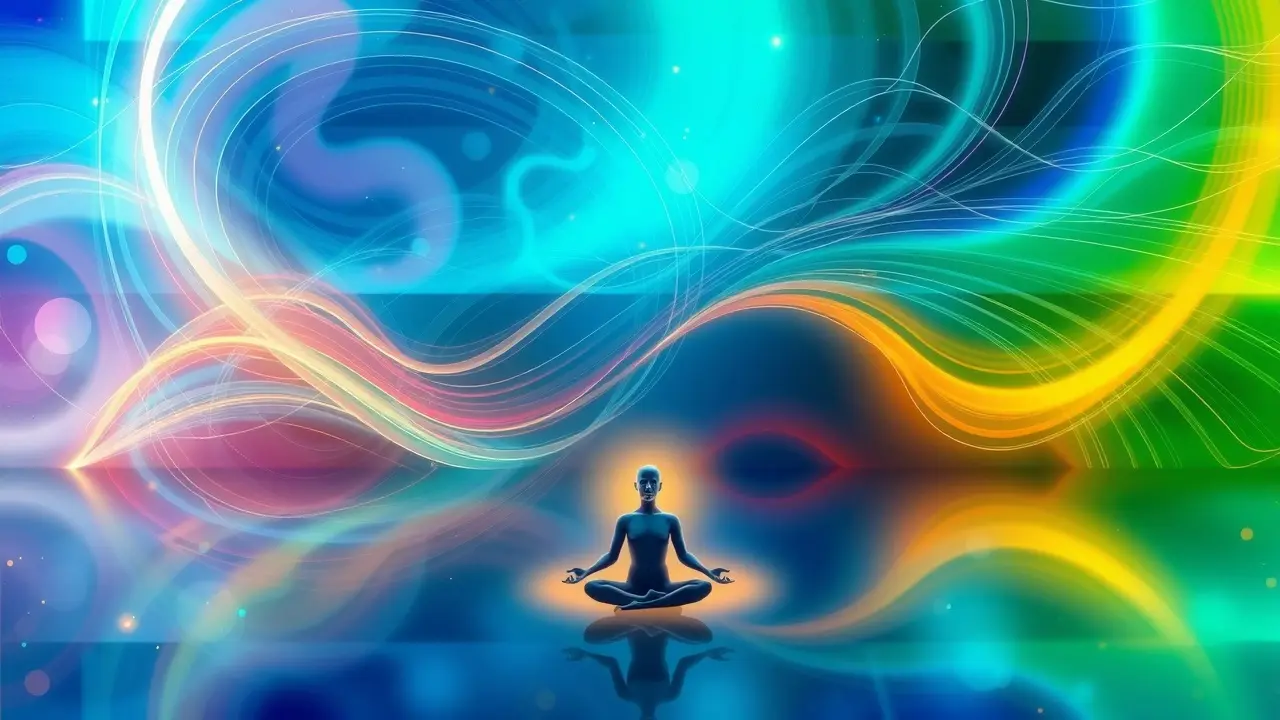 Unlock Your Potential with Videos Subliminales, Audios Isocronicos, Audios Binaurales, Metas Meditative figure surrounded by energy waves representing sound frequencies