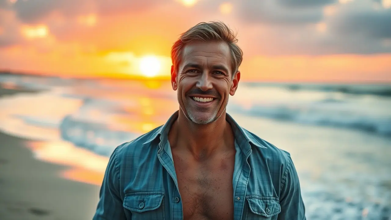 VigoSurge Review: Does This ED Solution Really Work? Man smiling, healthy and confident, beach sunset