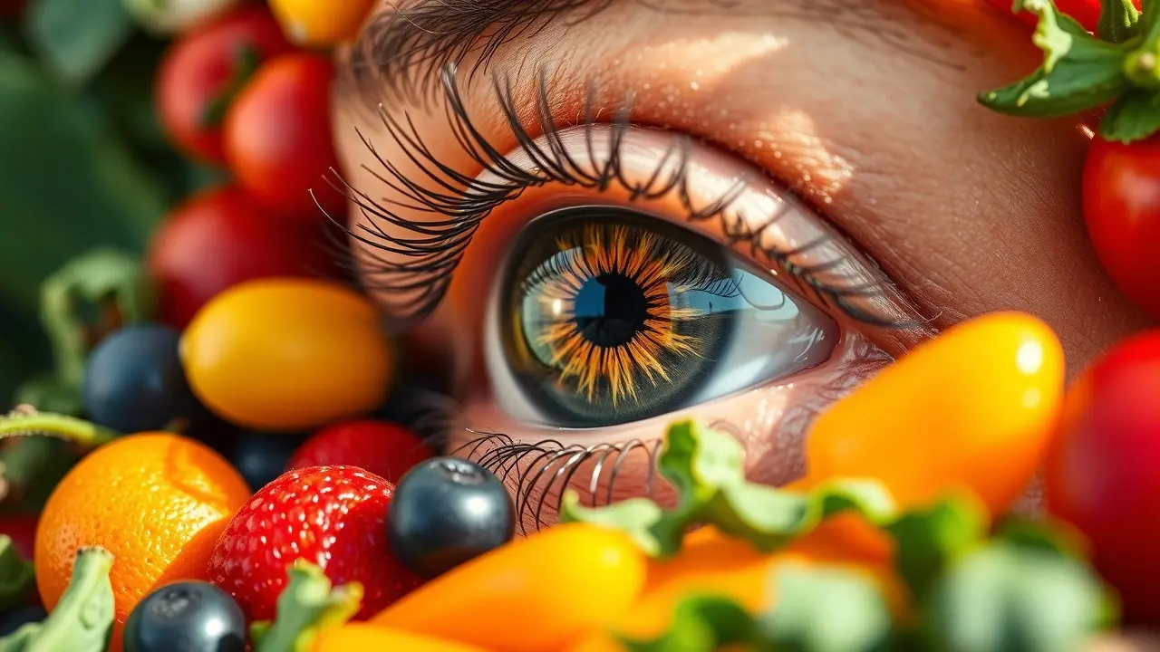 Vista Clear Review: Does This Vision Supplement Really Work? Image of healthy eye with fruits and vegetables for vision support