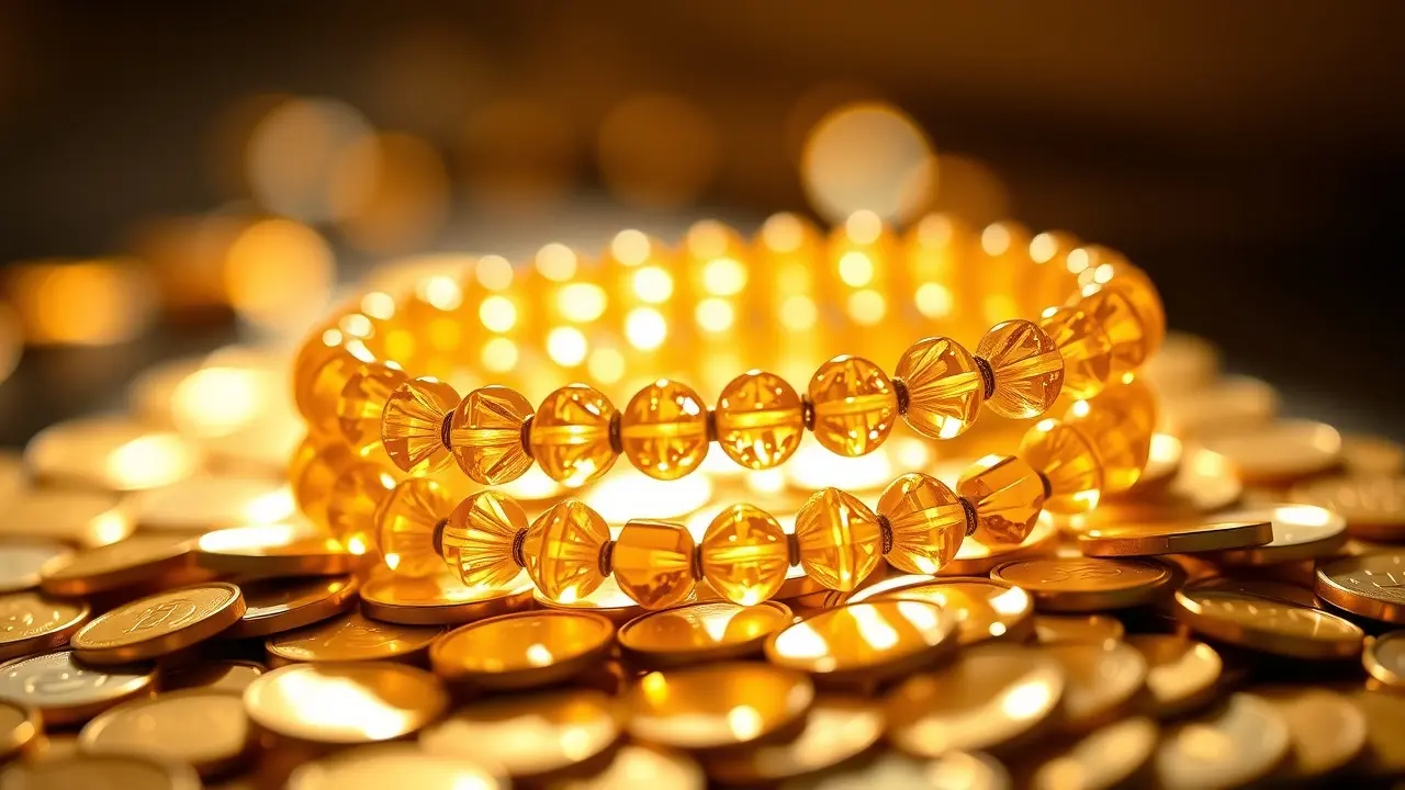 Wealth Bracelet Review: Does This Manifestation Tool Really Work? Wealth Bracelet made of citrine and gold beads on gold coins
