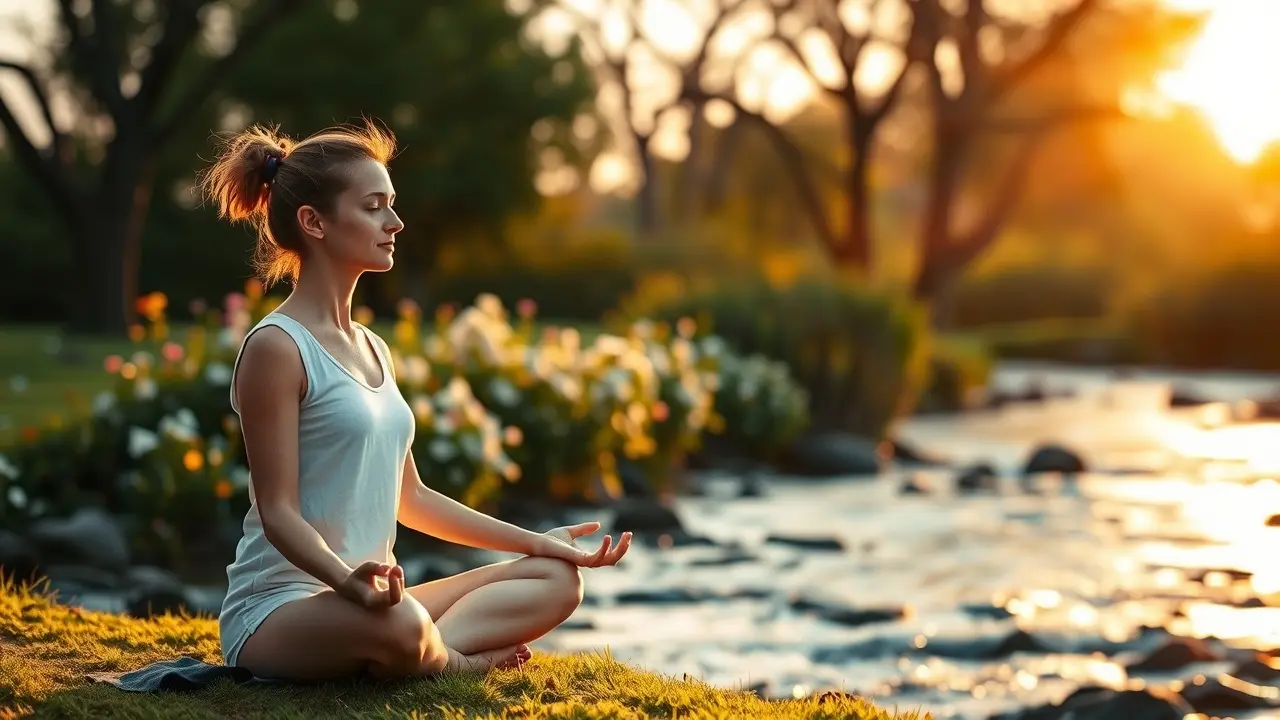 Person meditating in nature at sunrise