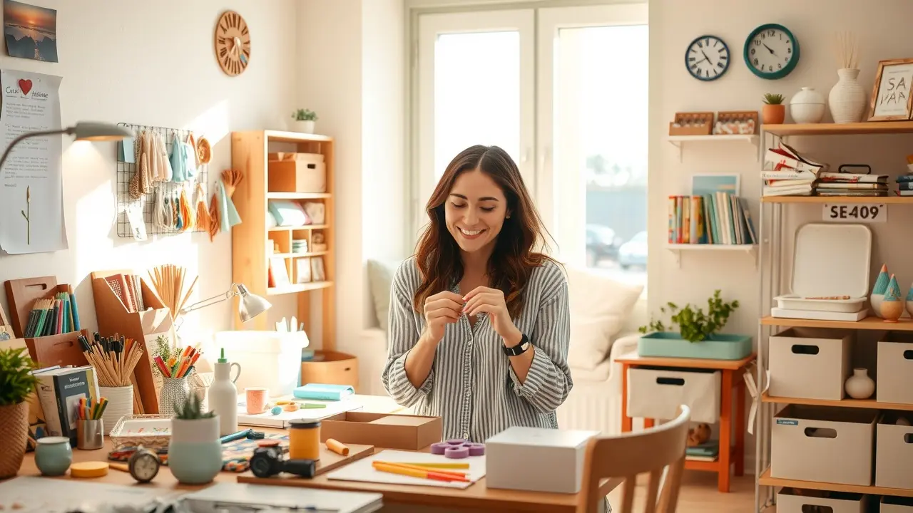 Work At Home Assemble & Crafts Jobs: A Comprehensive Review Woman happily assembles creative crafts in her home workspace.