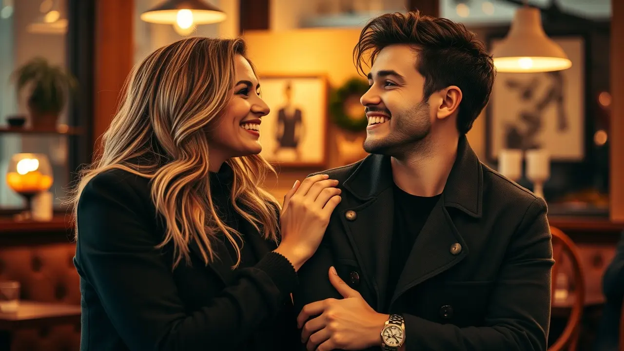 Wrap Him Around Your Finger: The Ultimate Guide to Magnetic Attraction Woman radiantly smiling, touching a man's arm in a cafe, creating attraction