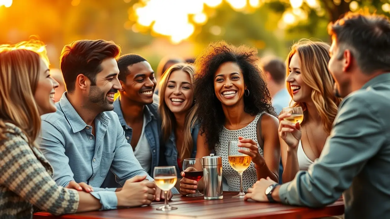 ZapMatches Review: Is This Dating Guide Worth the Hype? Diverse group of happy people connecting and laughing in an outdoor cafe setting as the sun sets.